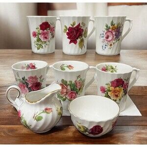 Set 6 Royal Victorian England Fine Bone China Rose Coffee Teacups Sugar &Creamer